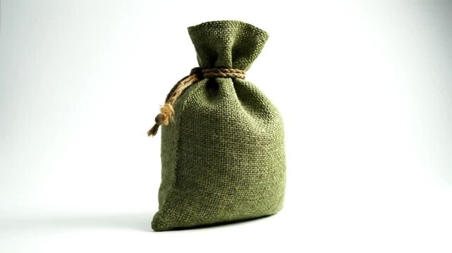 Green burlap sack tied with string on a white background, isolated shot, studio lighting