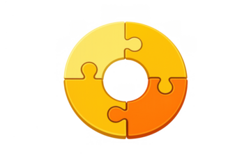 Four connected puzzle pieces forming a circular ring, illustrating teamwork, synergy, and problem-solving process