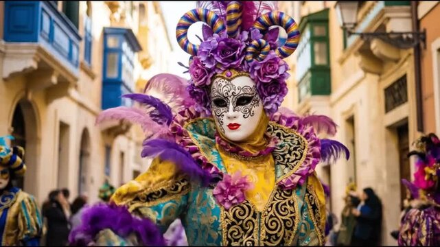 Striking Malta carnival costume. Performer in gold-purple ruffled gown, white mask with intricate design, purple feather horns headdress amid fellow revelers on historic street