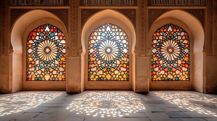 Interior view showcases three ornate arched windows filled with colorful geometric stained glass patterns