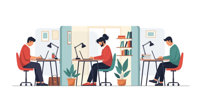 Three individuals working on computers in a modern office environment with plants and bookshelves around them from a front viewpoint