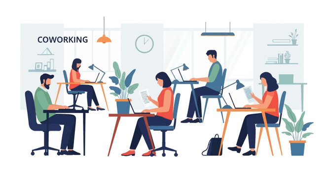 Professionals collaborating in a modern coworking space with laptops and plants