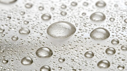 Numerous clear droplets rest upon a textured, light-toned surface.