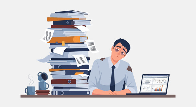 Man sitting at desk with laptop and large stack of papers in a busy office environment