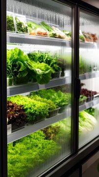Refrigerated display case filled with variety of fresh leafy green vegetables and celery in plastic containers for retail sale