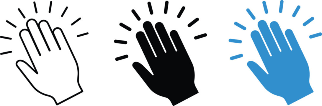 Set of hand palm icons in outline, solid black and blue styles representing high five, greeting or waving.