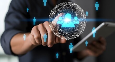 Businessman interacting with a holographic interface showing interconnected people icons