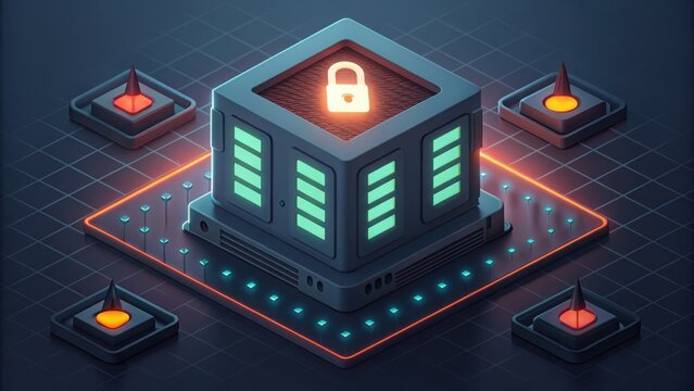 Secure Server Module with Glowing Lock and Surrounding Elements