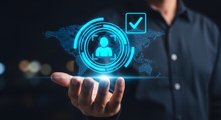 Man holding a holographic digital interface with global connectivity and user authentication