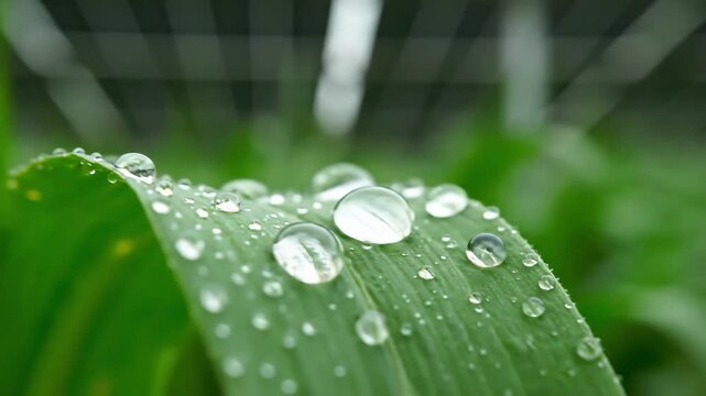 Agrivoltaic farm scene with dew drops on green leaves near solar panels in a serene agricultural landscape