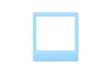 Light blue instant photo frame presenting a blank space, a 3d icon for displaying memories and nostalgia. Transparent background