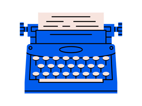 Hand drawn cute illustration of typewriter with paper sheet. Flat vector retro device with keyboard doodle. Office workplace equipment icon. Old working with text or writing machine. Isolated.