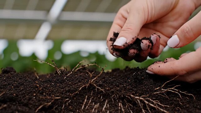 Hands holding soil with roots in an agrivoltaic greenhouse setting
