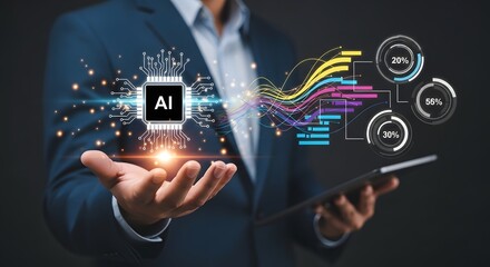 A businessman holding a tablet and AI-powered microchip with data analytics