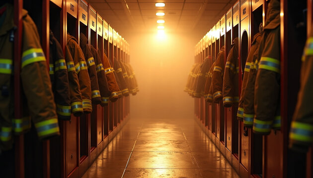 Firefighter locker room with protective suits and hazy atmosphere.