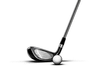 Golf club and ball on white background. Black and white graphic drawing, sketch. Copy space.