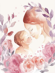 Silhouette of woman tenderly embracing baby, surrounded by delicate of flowers. International Mothers Day, purity, love and harmony. Copy space. Watercolor painting.
