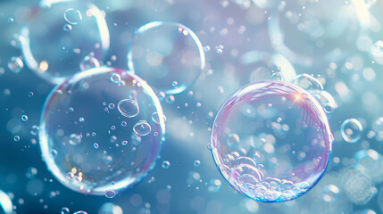 Transparent soap bubbles are floating. Colorful background. Full frame. Dreamlike atmosphere. Close-up
