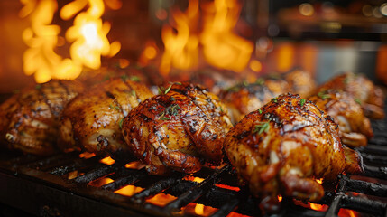 Row of roast turkey pieces on grill against background of the burning flame fire. Close-up