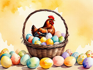 Hen and wicker basket filled with Easter colorful eggs. Festive spring holiday concept, celebration decoration on light background. Easter card, mockup, banner. Copy space.