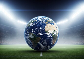 Planet Earth as a Soccer Ball on Grass in a Brightly Lit Stadium, Global Sports Concept