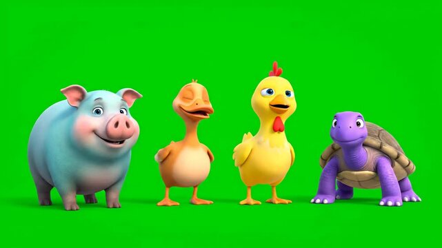 Cute Animated Farm Animals Standing Together on Green Screen