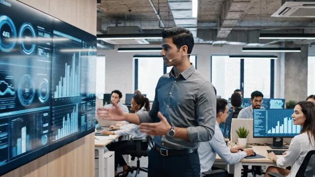A man in a gray shirt presenting data on a large screen to colleagues in a modern office space with windows