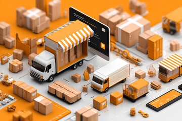 Isometric concept of global e-commerce logistics and online shopping delivery with multiple trucks, cardboard boxes, computer, and smartphone on a clean orange background.