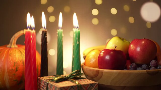 Festive Kwanzaa celebration with colorful candles, fresh fruits, and a beautifully wrapped gift.