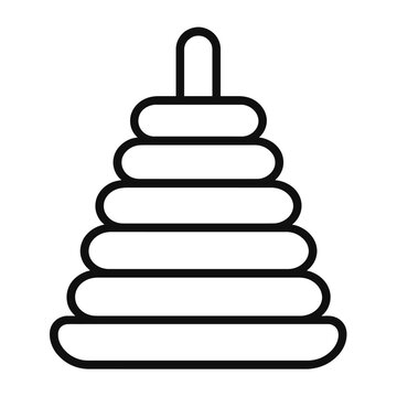 Abstract dark grey line art icon depicting a classic baby stacking pyramid toy with multiple concentric rings of decreasing size and a prominent top handle, ideal for developmental play
