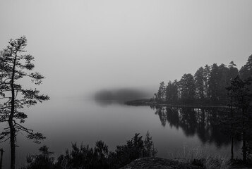 "Misty Finnish Lake at Dawn, Black and White"