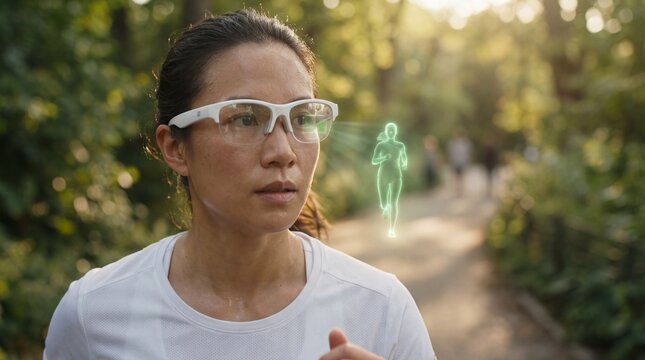 A woman, wearing smart glasses, is running through a park. The glasses are showing a holographic display of a person, possibly the person is analyzing workout performance. - Powered by Adobe