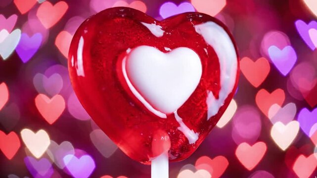 A heartshaped lollipop with a white heart in the center on a colorful background of blurred heartshaped lights