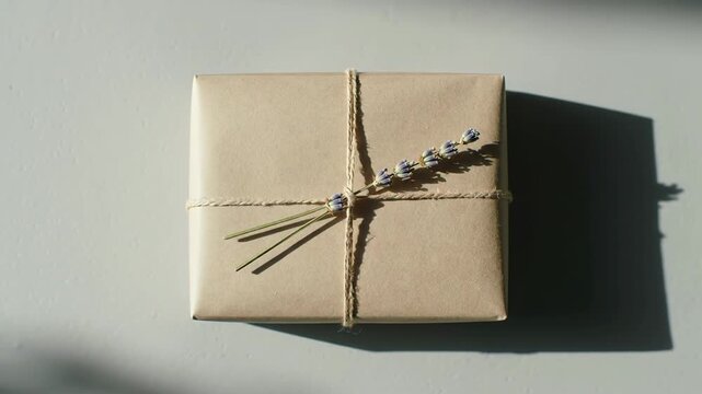 Elegant gift box wrapped in brown paper and tied with string, adorned with lavender.