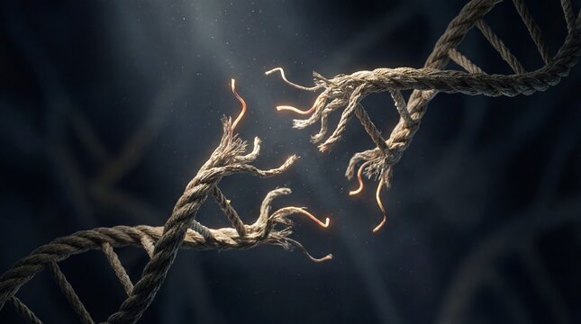 An evocative image depicts a damaged DNA structure against a dark background, the broken strands symbolizing genetic fragility or mutation, and the complex strands that carry the secrets of life.