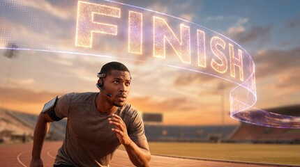 An athletic runner sprinting towards a digital finish line with determination, embodying the essence of perseverance.