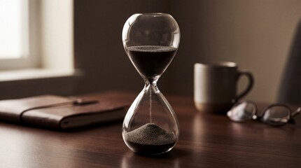 An elegant hourglass stands as a symbol of passing time, reminding viewers of the importance of every moment, captured in a photorealistic close-up that highlights both beauty and functionality.