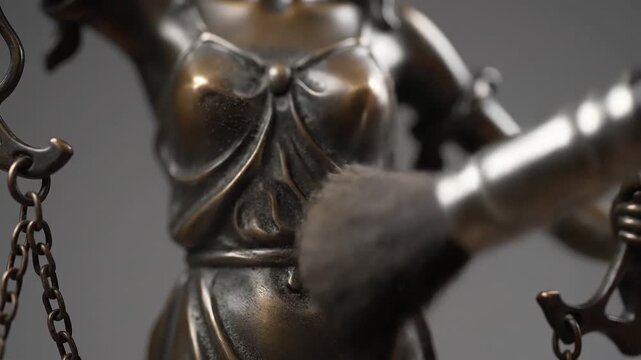 A bronze statue of lady justice holding scales and a sword is carefully dusted with a soft brush