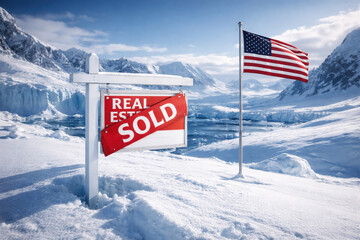Conceptual image of a "SOLD" real estate sign in icy Arctic landscape with American flag, symbolizing U.S. interest in owning Greenland.