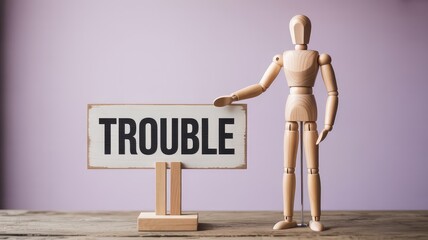 Wooden art mannequin gesturing towards a prominent trouble sign on a wooden table with soft purple b