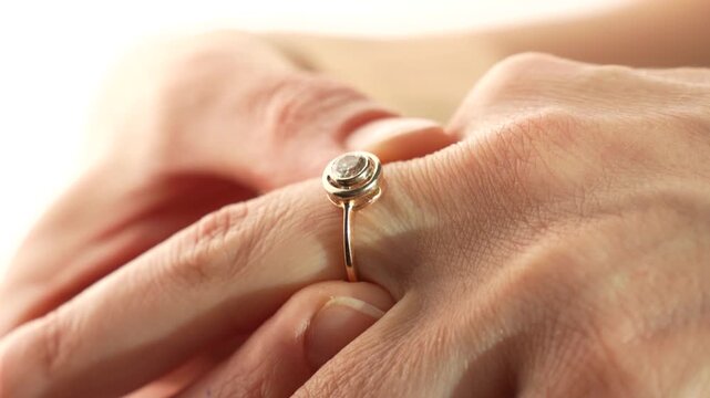 Close-up of Person Putting on Diamond Engagement Ring