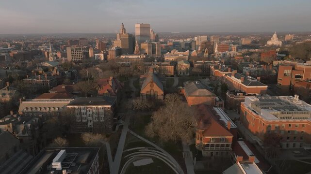 The campus of Brown University at sunrise. Shot in Providence, Rhode Island on an autumn morning.