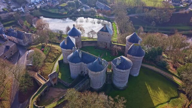 Drone obit over the classical gothic styled Castle of Lassay, Mayenne, France