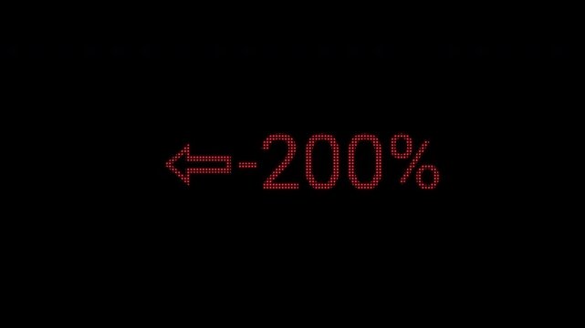 Pixel Art Minus Percentage Counter 0 to -200. Retro Digital Number Animation on Black Background