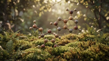 An artistic rendering of a molecule floats amid a lush, verdant forest floor, bathed in soft, natural light, symbolizing nature and the connection between science and the environment.