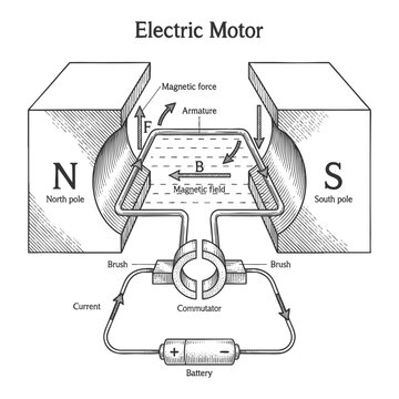 how an electric motor works, including armature, magnetic field, commutator, and battery connections sketch engraving generative ai vector illustration. Scratch board imitation. Black and white image.