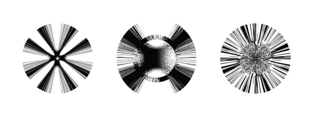 Abstract radial burst circles with linear motion lines &ndash; black and white dynamic vector.