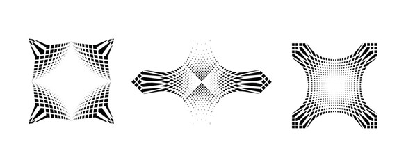 Abstract warped grid frames with halftone distortion &ndash; black and white geometric vector set.