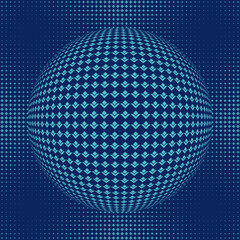 Abstract diamond grid sphere with radial depth on dark blue background.