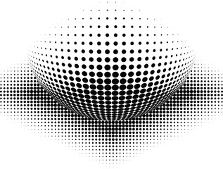 Abstract vector illustration of a spherical black dot pattern with 3d orb with gradient depth.
